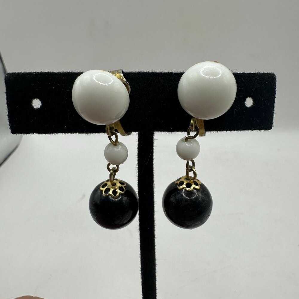 Vintage Black & White Clip-On Dangle Earrings With Hong Kong Mark